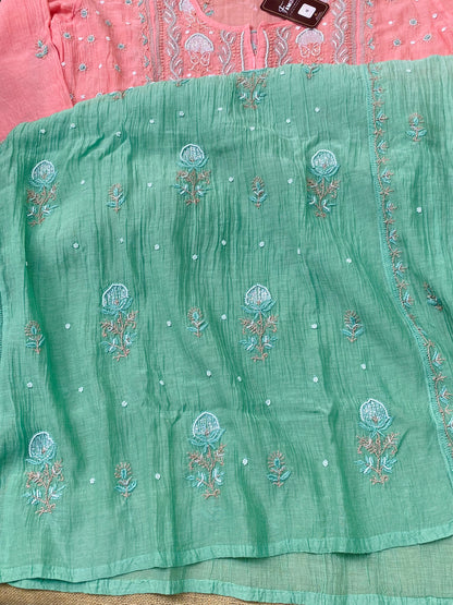 Rahat Dual Tone Chikankari Semi-Stitched Gown Dupatta Set - Peach/Green