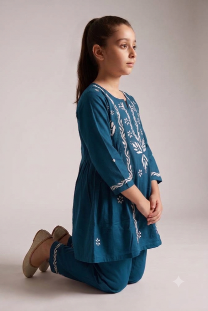 Little Jasmin - Navy Blue Chikankari Side Pleated Kidswear Set