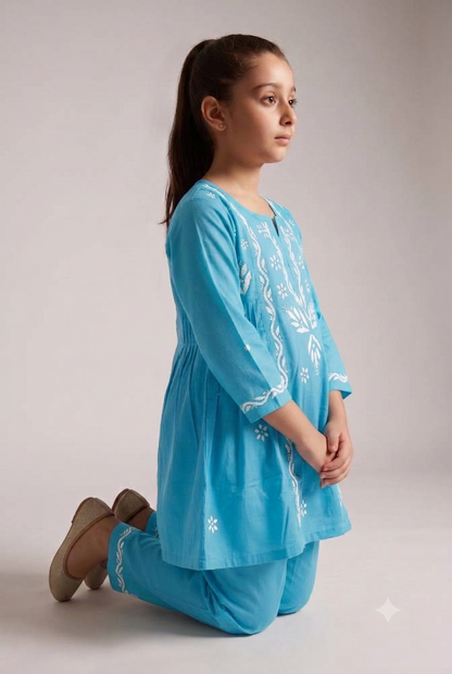 Little Jasmin - Sky Blue Chikankari Side Pleated Kidswear Set