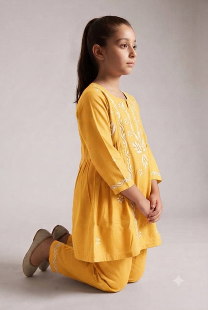 Little Jasmin - Yellow Chikankari Side Pleated Kidswear Set