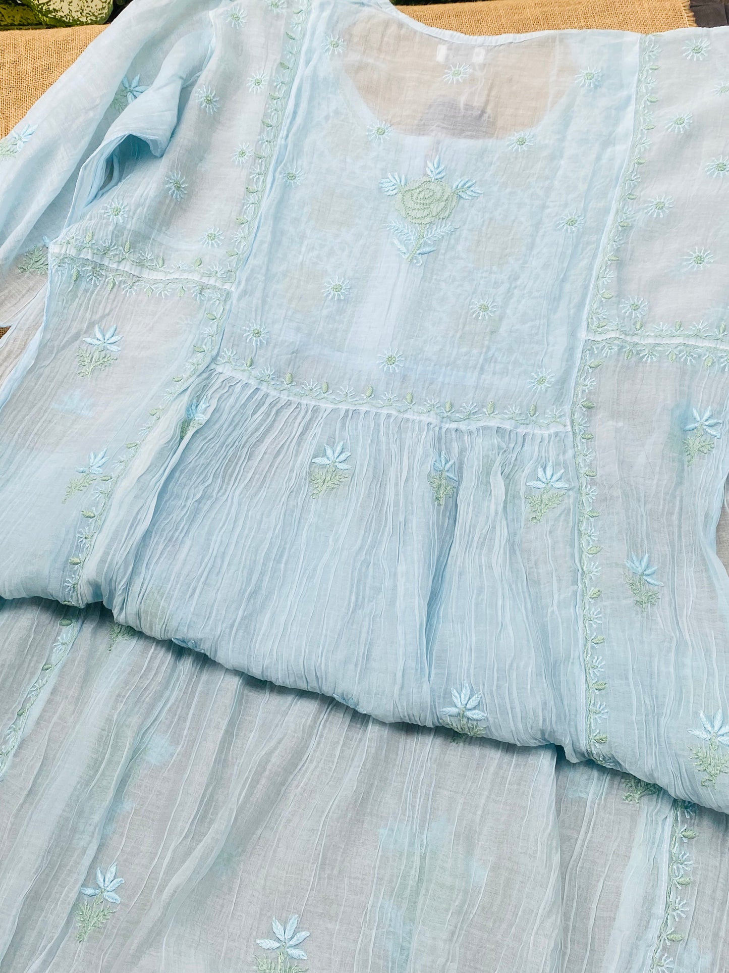 Sky Blue Chikankari Semi-Stitched Mul Chanderi Gown With Dupatta