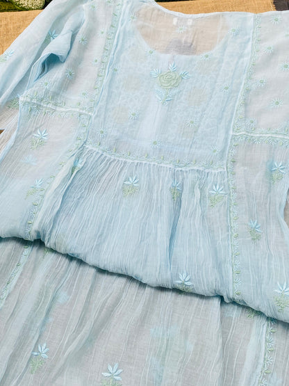 Sky Blue Chikankari Semi-Stitched Mul Chanderi Gown With Dupatta