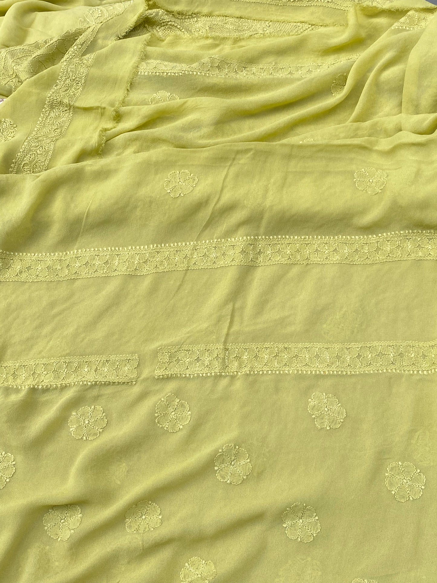 Noorain – Premium Viscose Georgette Chikankari Unstitched Suit(Light Mehndi)