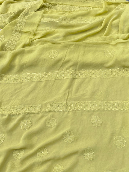Noorain – Premium Viscose Georgette Chikankari Unstitched Suit(Light Mehndi)