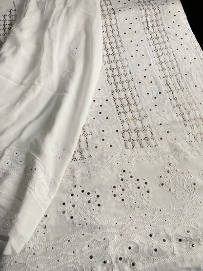 Safed Chikankari Mukaish Viscose Unstitched Dress - Famous Chikankari