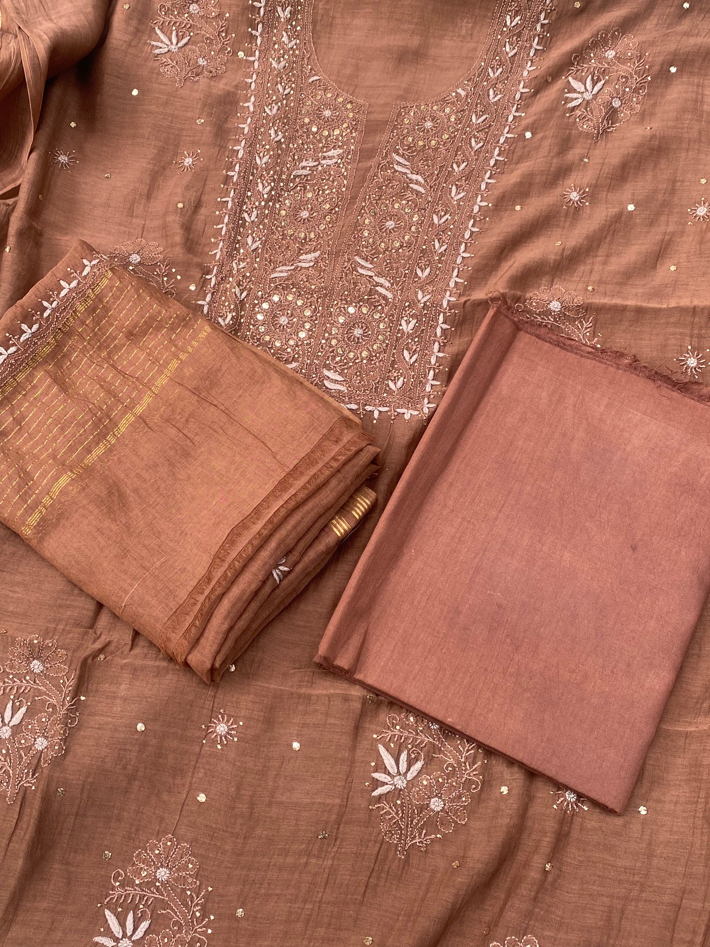 Noor-e-Mulmul Coffee Brown Chikankari Unstiched Set