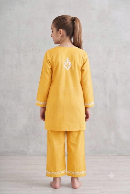 Little Jasmin - Yellow Chikankari Side Pleated Kidswear Set