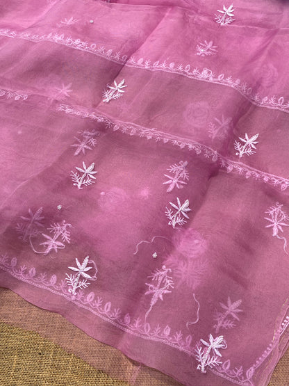 Meher Premium Organza Chikankari Unstiched Dress-Onion Pink
