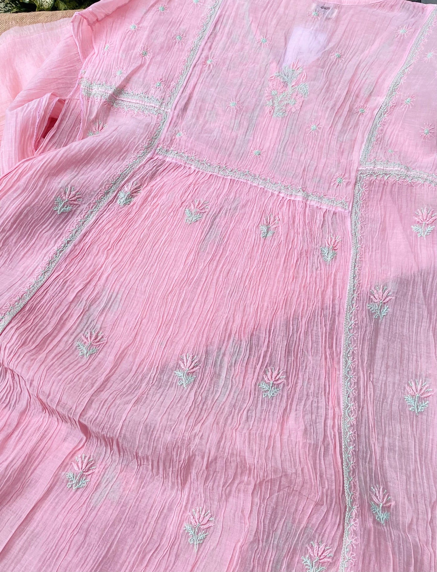 Baby Pink Chikankari Semi-Stitched Mul Chanderi Gown With Dupatta