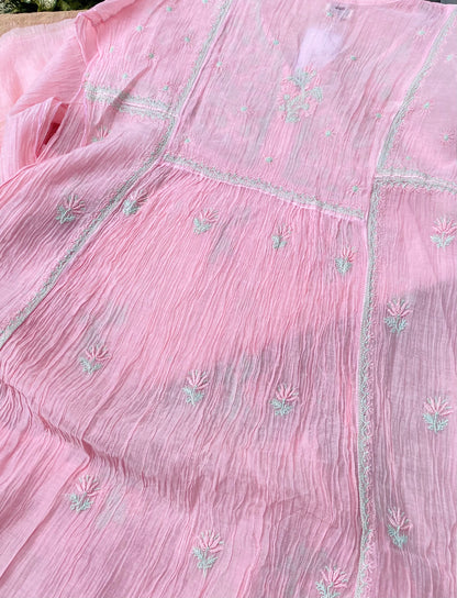 Baby Pink Chikankari Semi-Stitched Mul Chanderi Gown With Dupatta