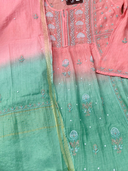 Rahat Dual Tone Chikankari Semi-Stitched Gown Dupatta Set - Peach/Green