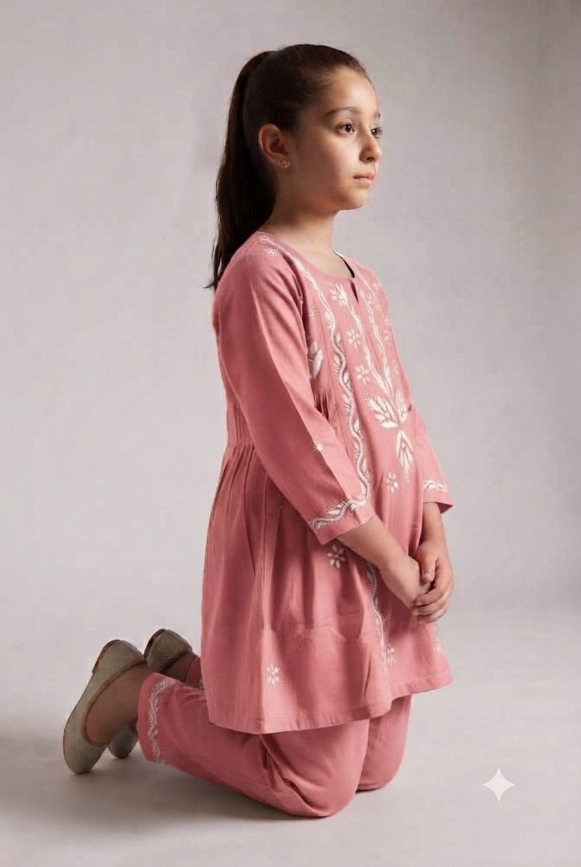 Little Jasmin - Pink Chikankari Side Pleated Kidswear Set