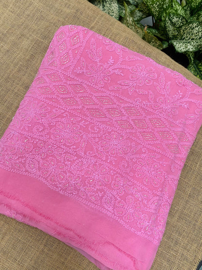Rangrez Noor| Hot Pink Chikankari Unstitched Suit with Pearl Addons