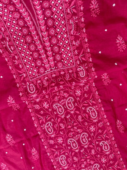 Mul Chanderi Chikankari Panel Work Unstitched Dress Material