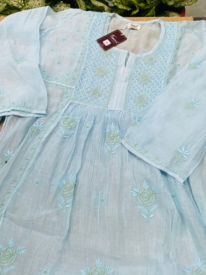 Sky Blue Chikankari Semi-Stitched Mul Chanderi Gown With Dupatta