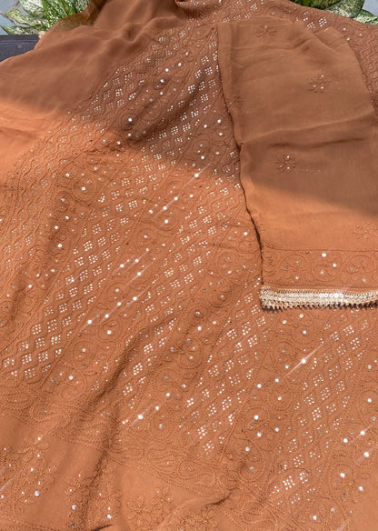 Sunehri Noor | Coffee Brown Chikankari Mukaish Unstitched Dress Set - Famous Chikankari