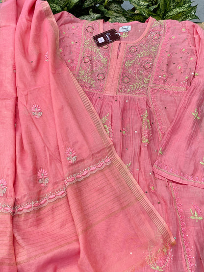 Zaraish Chikankari Semi-Stitched Mul Chanderi Gown With Dupatta-Peach
