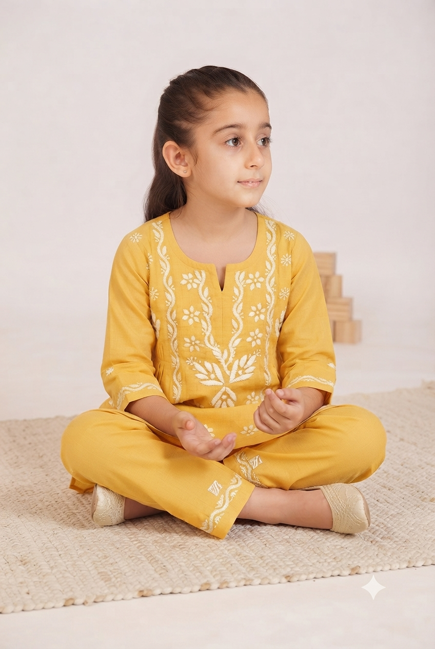 Little Jasmin - Yellow Chikankari Side Pleated Kidswear Set