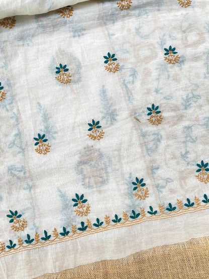 Zameyra – Off White Mul Chanderi Unstitched Chikankari Suit Set - Famous Chikankari