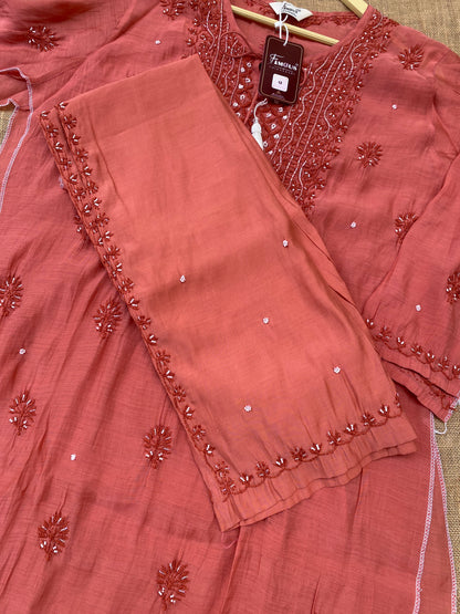 Aiza – Rust Chikankari Semi-Stitched Kurta & Pant Set