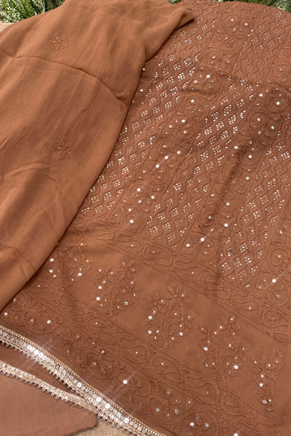 Sunehri Noor | Coffee Brown Chikankari Mukaish Unstitched Dress Set - Famous Chikankari