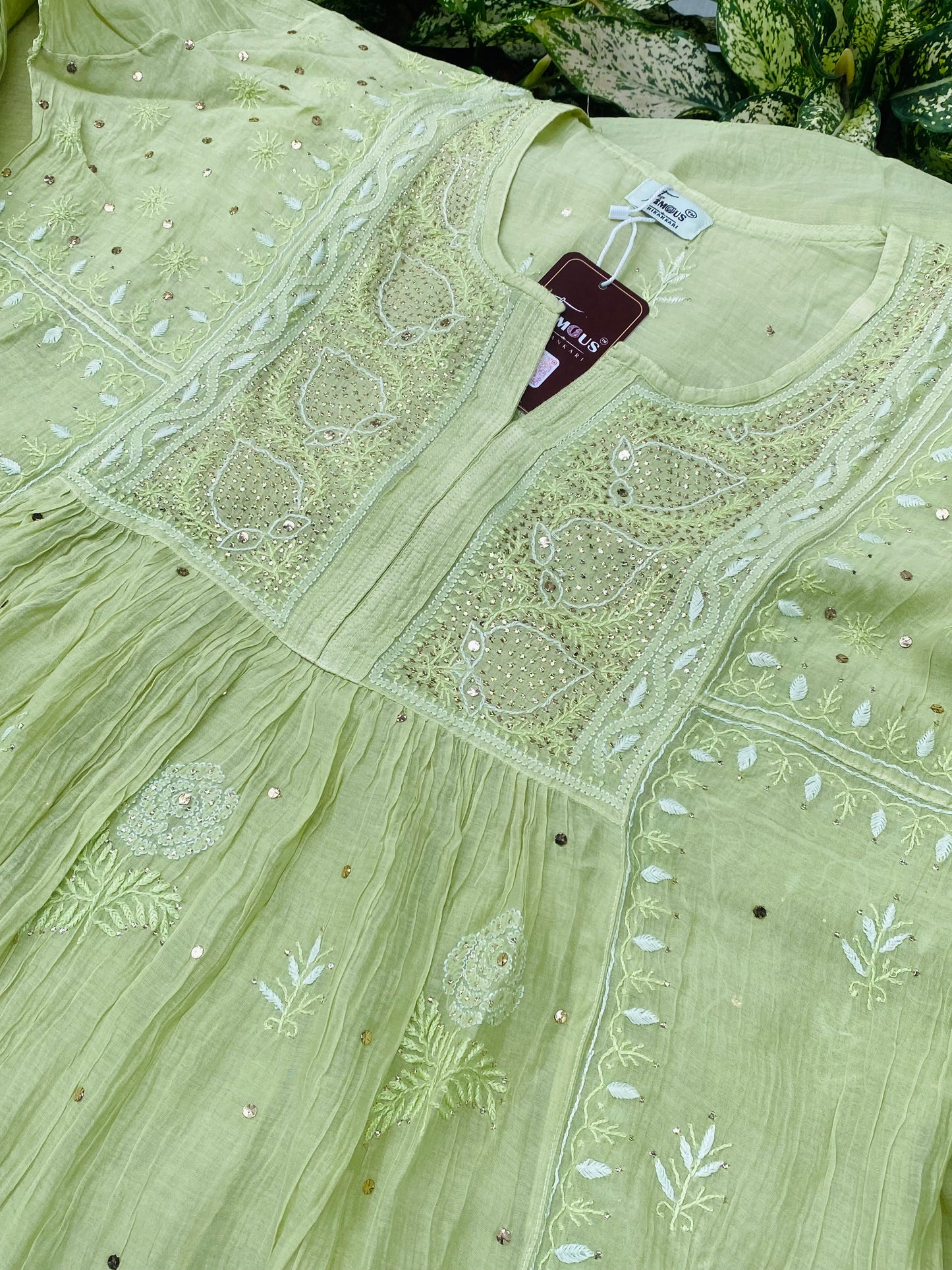 Zaraish Chikankari Semi-Stitched Mul Chanderi Gown With Dupatta-Pista Green