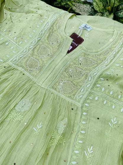 Zaraish Chikankari Semi-Stitched Mul Chanderi Gown With Dupatta-Pista Green