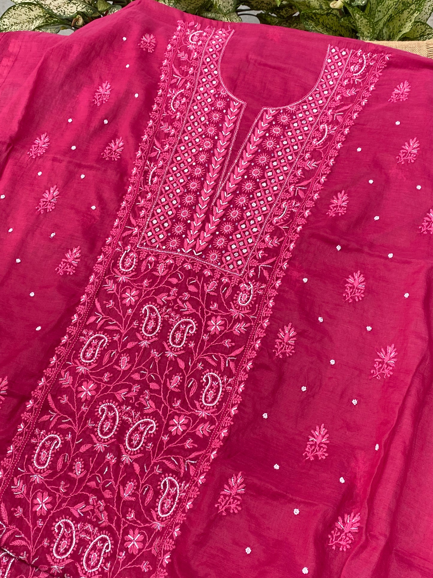 Mul Chanderi Chikankari Panel Work Unstitched Dress Material