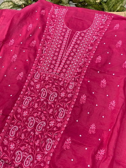 Mul Chanderi Chikankari Panel Work Unstitched Dress Material