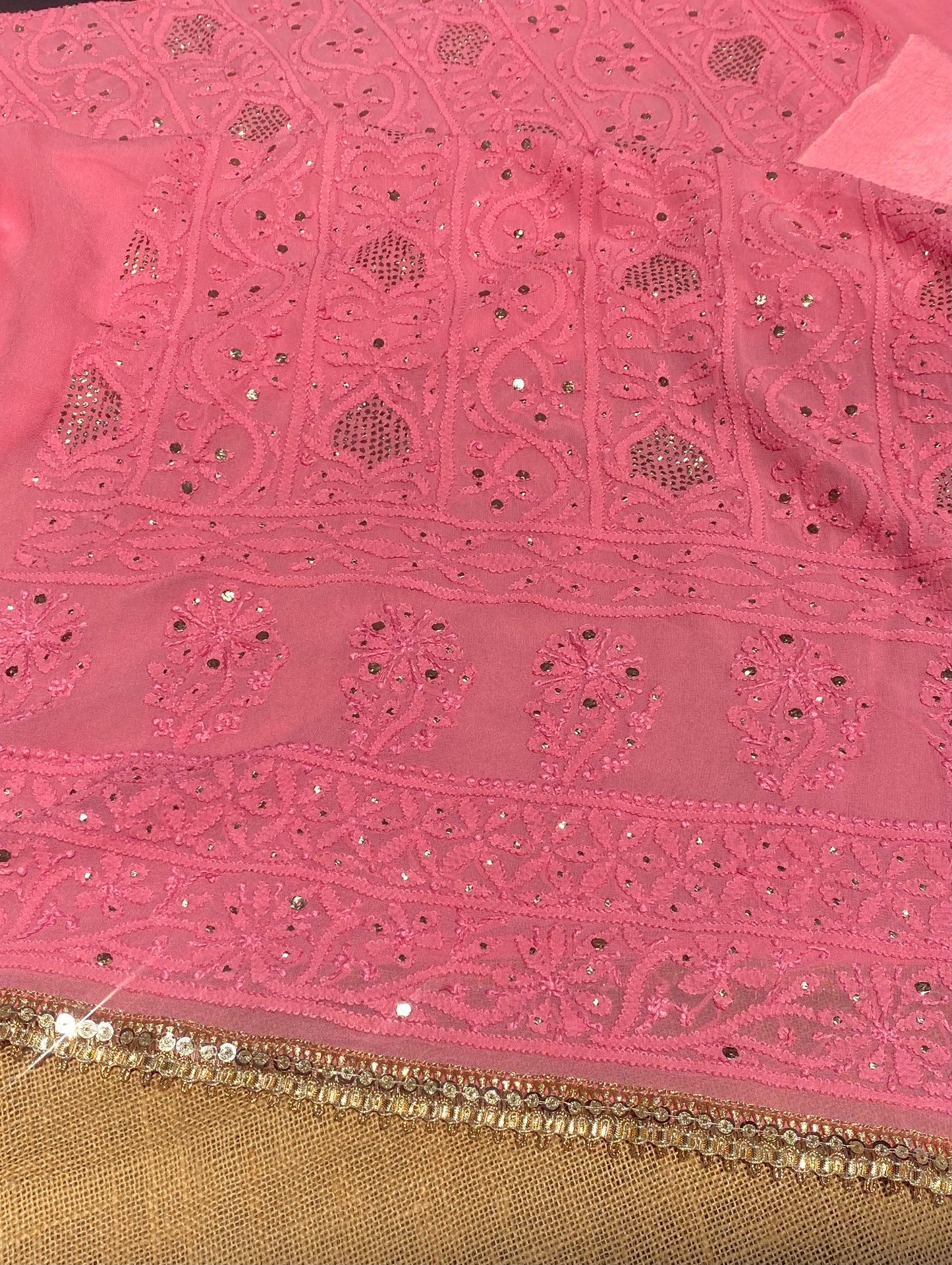 Sunehri Noor | Carrot Pink Chikankari Mukaish Unstitched Dress Set