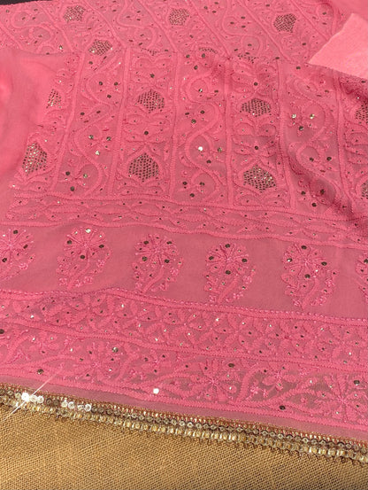 Sunehri Noor | Carrot Pink Chikankari Mukaish Unstitched Dress Set - Famous Chikankari