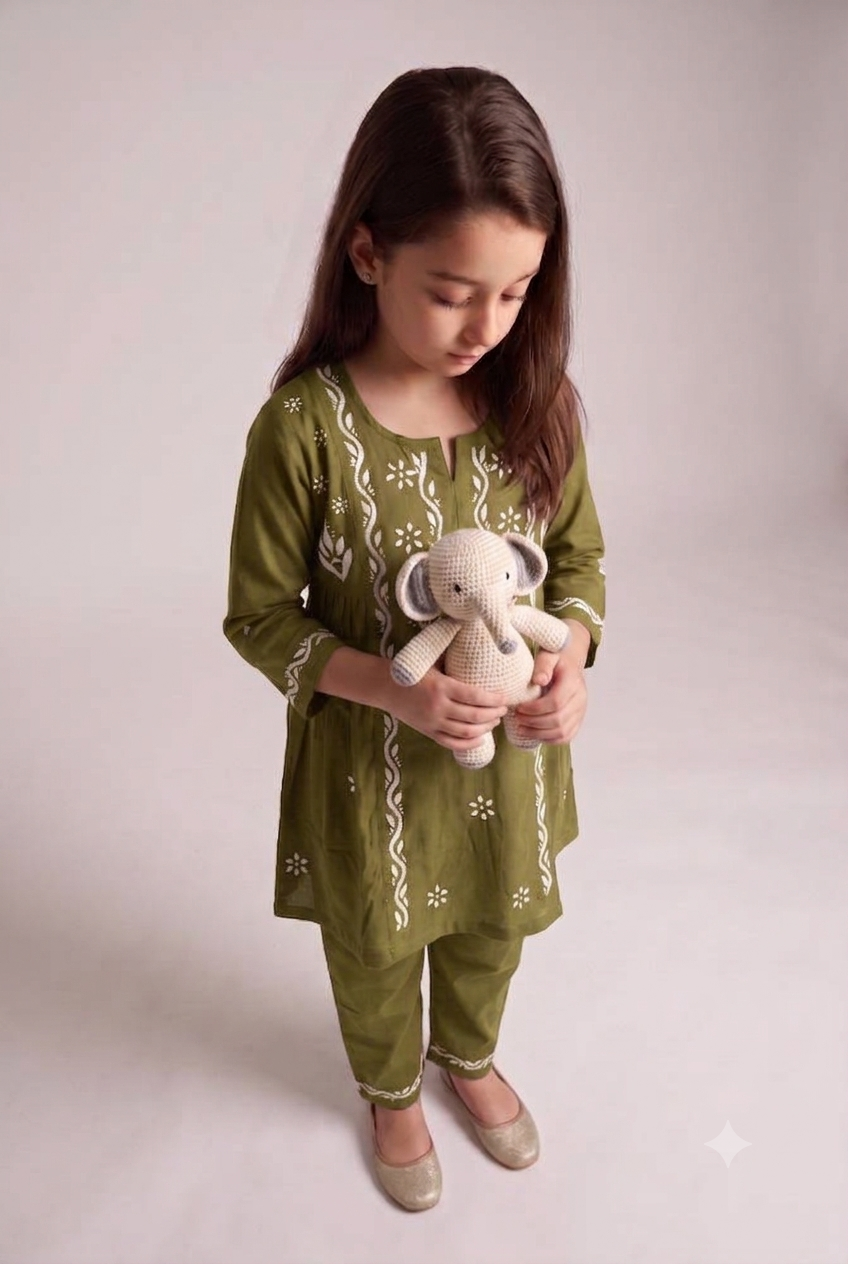 Little Jasmin - Henna Green Chikankari Side Pleated Kidswear Set