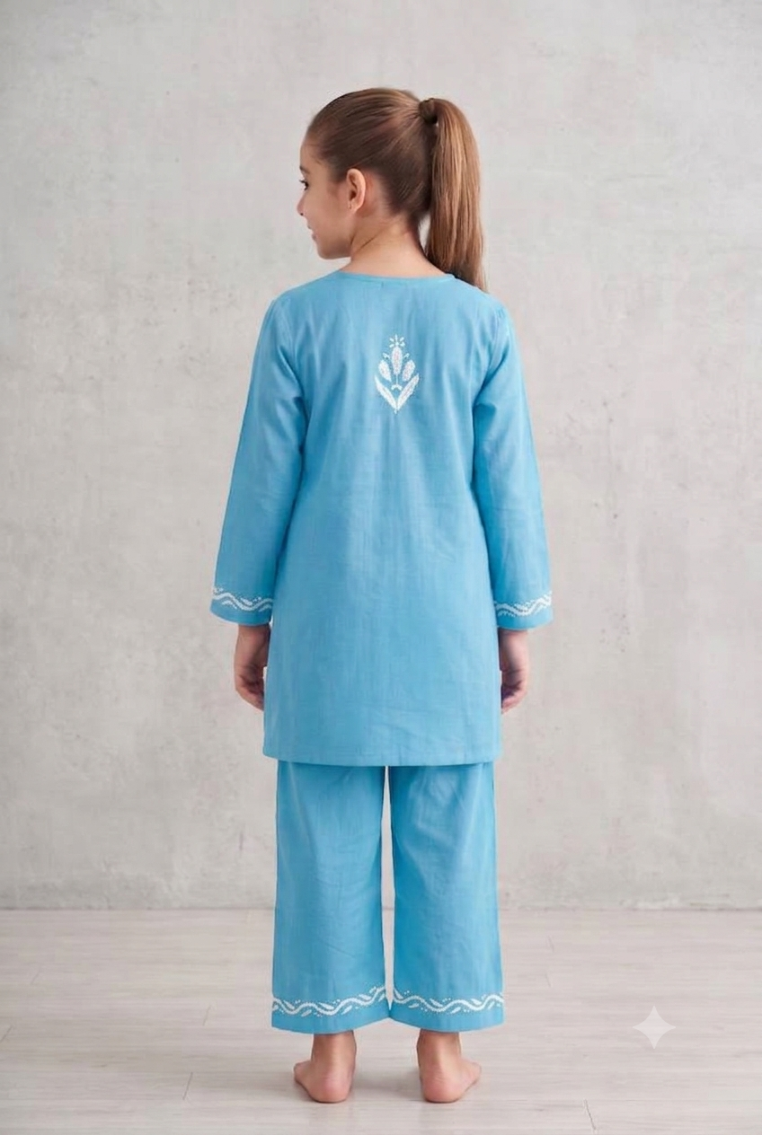 Little Jasmin - Sky Blue Chikankari Side Pleated Kidswear Set