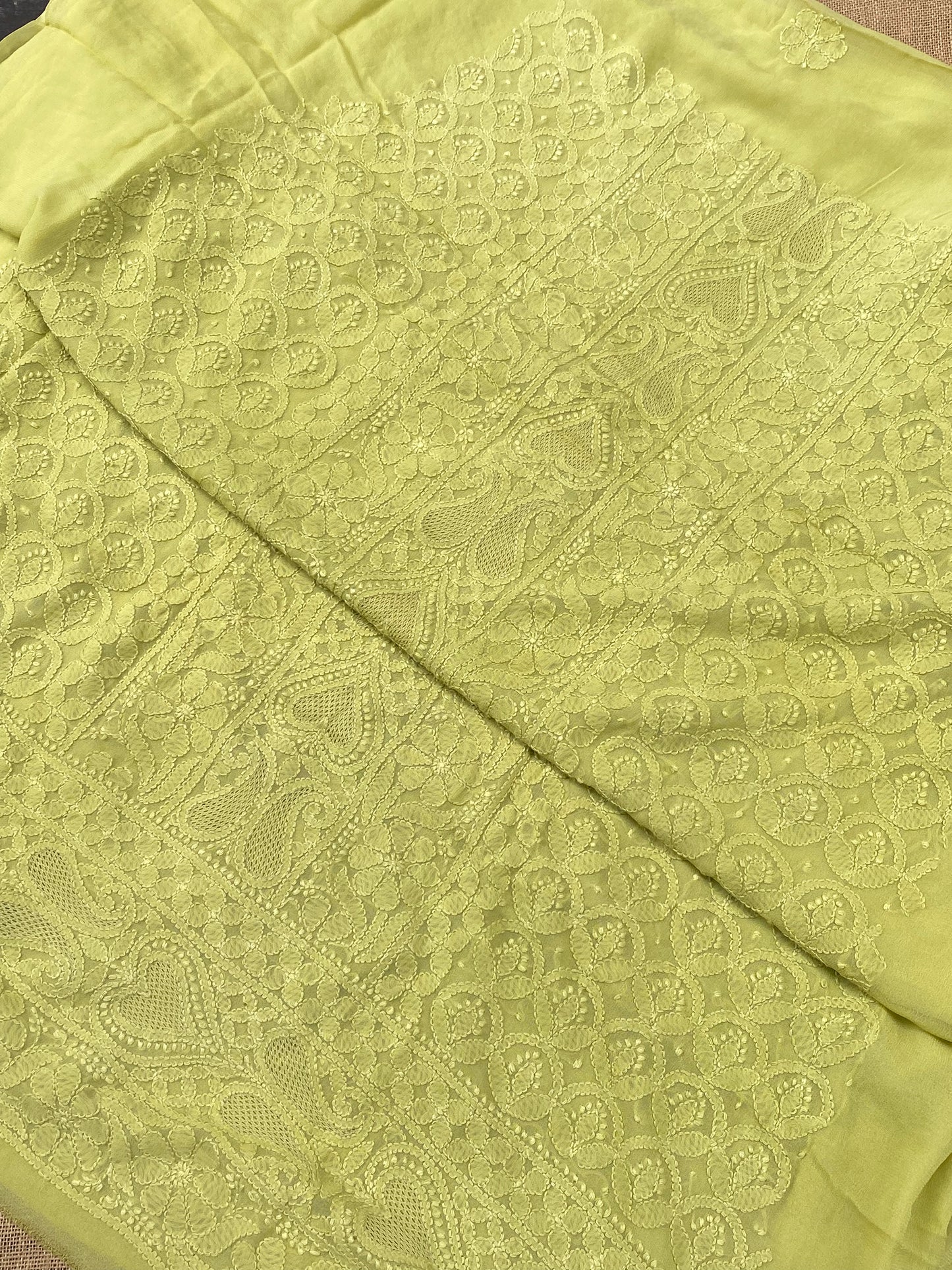 Noorain – Premium Viscose Georgette Chikankari Unstitched Suit(Light Mehndi)
