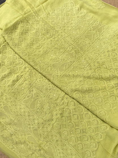Noorain – Premium Viscose Georgette Chikankari Unstitched Suit(Light Mehndi)