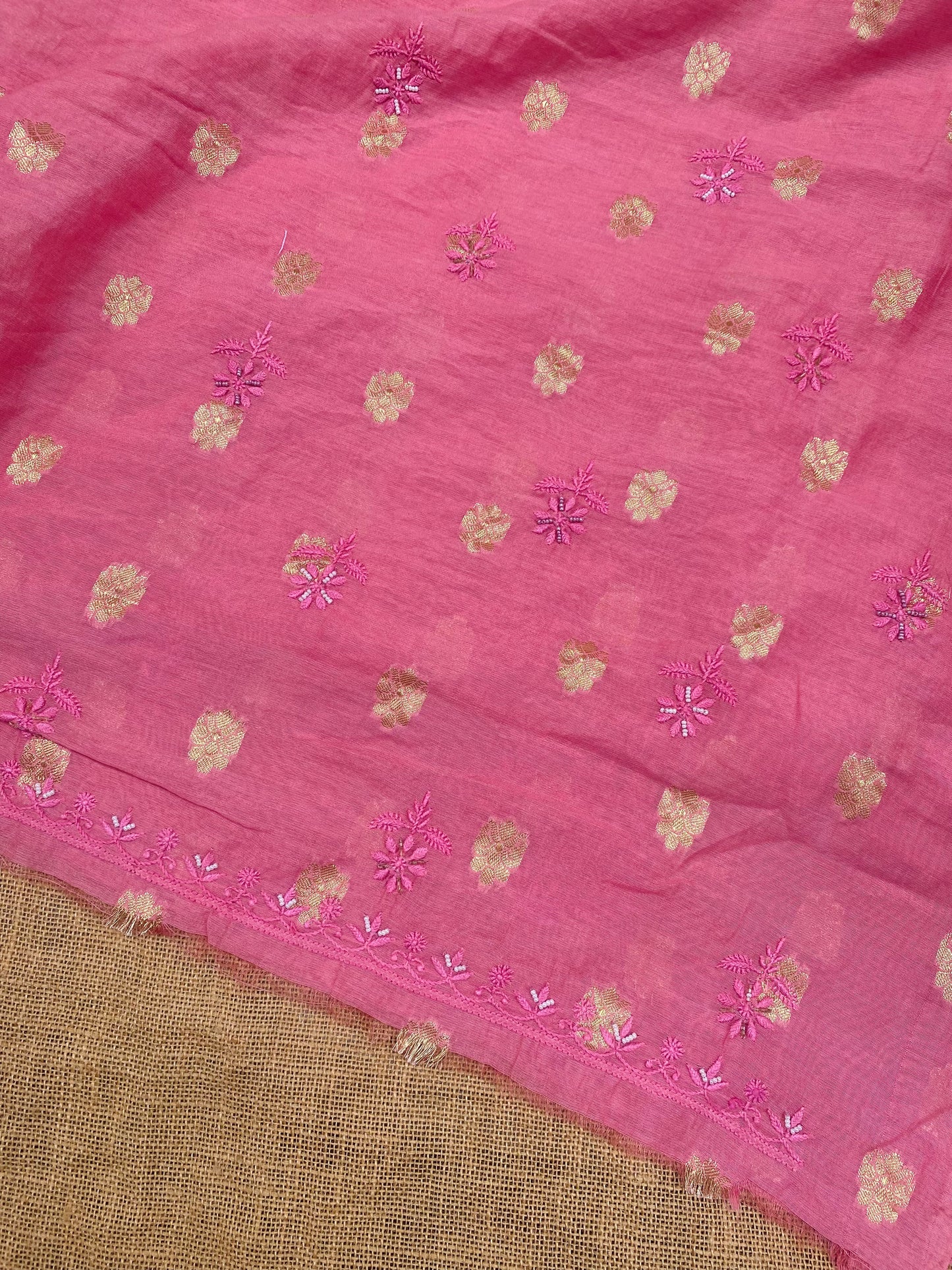Peachish Pink Chanderi Silk Chikankari Unstitched Suit
