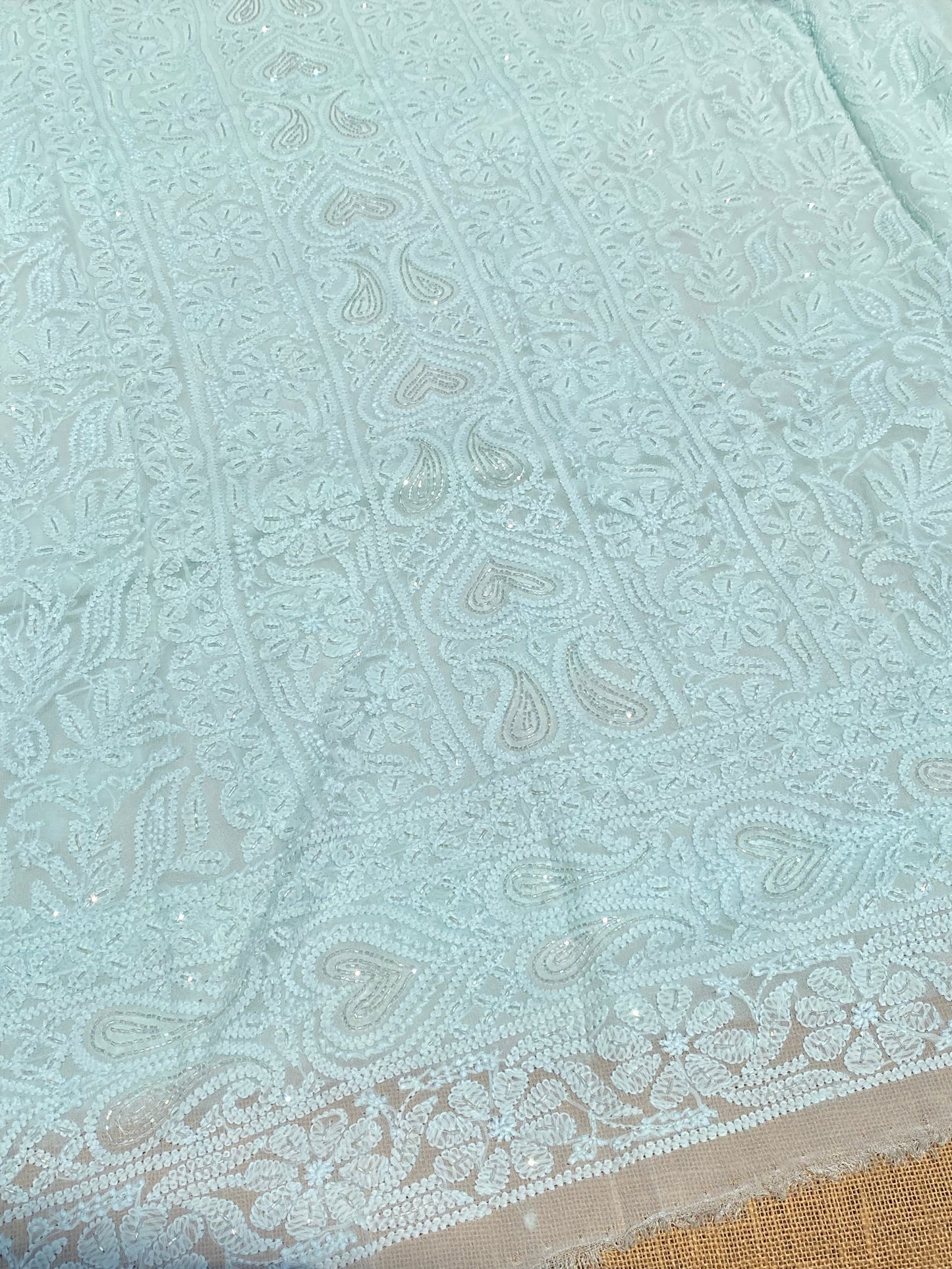 Rangrez Noor| Pale Sea Green Chikankari Unstitched Suit with Pearl Addons