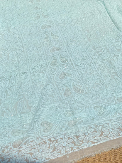 Rangrez Noor| Pale Sea Green Chikankari Unstitched Suit with Pearl Addons