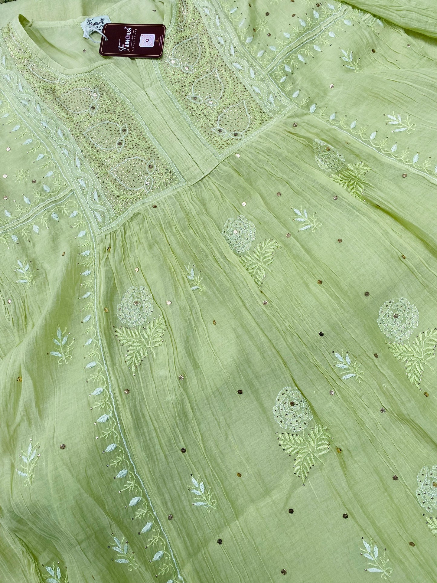 Zaraish Chikankari Semi-Stitched Mul Chanderi Gown With Dupatta-Pista Green