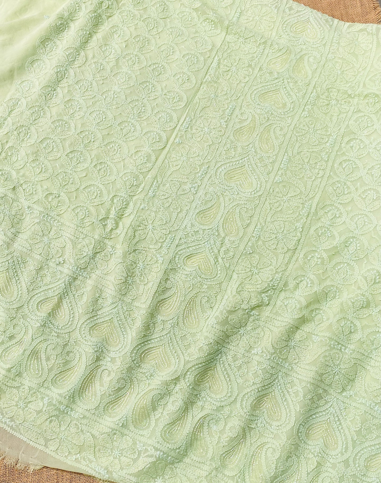 Rangrez Noor| Pista Green Chikankari Unstitched Suit with Pearl Addons