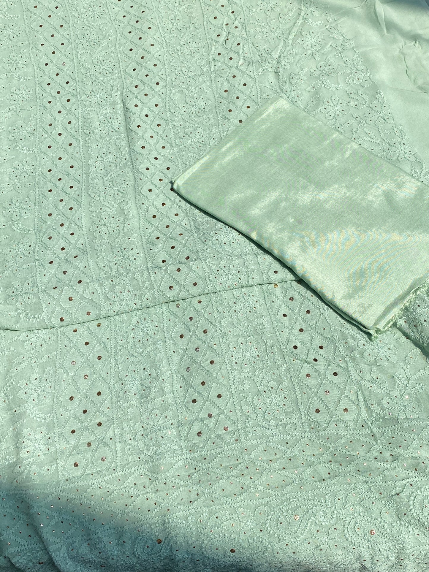 Roshan Mint Green Chikankari & Mukaish Unstitched Suit
