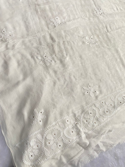 Safed Chikankari Mukaish Viscose Unstitched Dress - Famous Chikankari