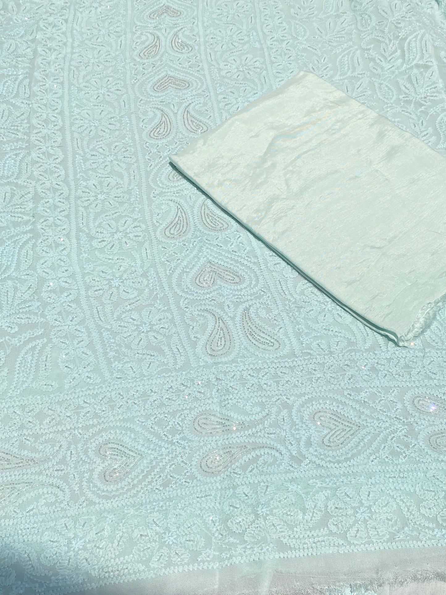 Rangrez Noor| Pale Sea Green Chikankari Unstitched Suit with Pearl Addons