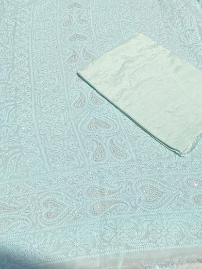 Rangrez Noor| Pale Sea Green Chikankari Unstitched Suit with Pearl Addons