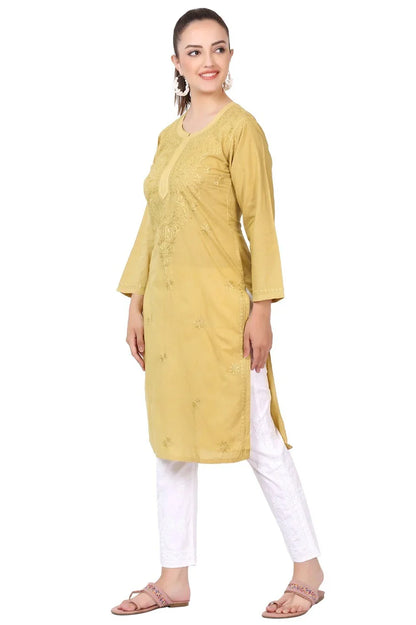Mustard Chikankari Kurti in Mul Cotton - Famous Chikankari