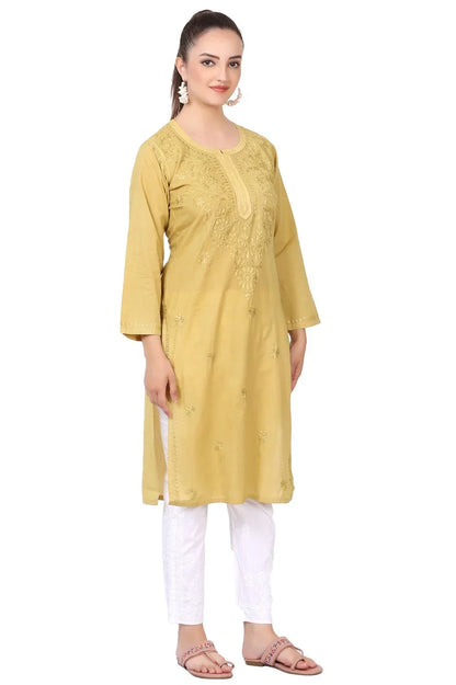 Mustard Chikankari Kurti in Mul Cotton - Famous Chikankari