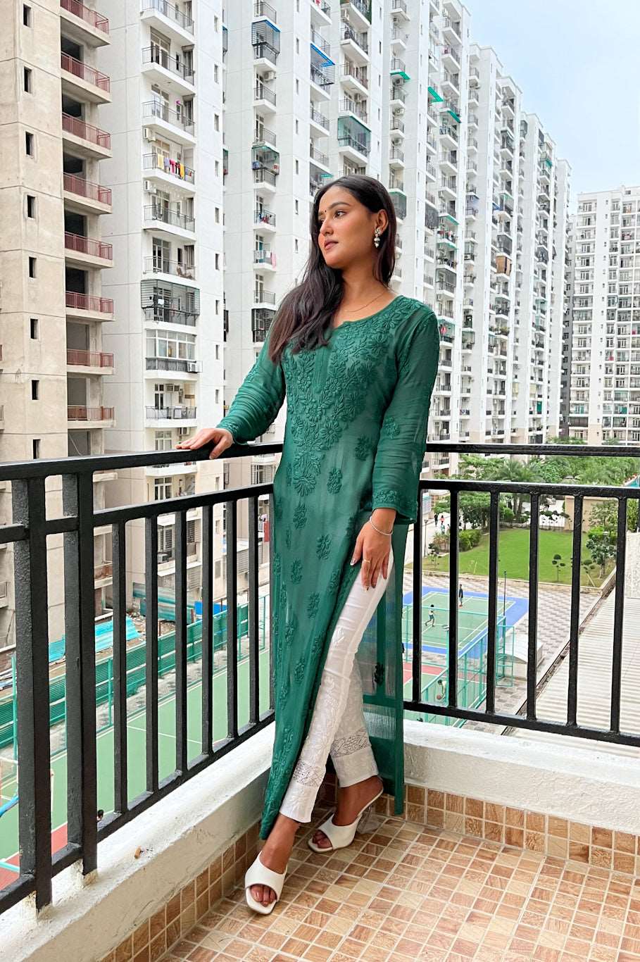 Products Faiza Viscose Chikankari Straight Long Kurta(Bottle Green)