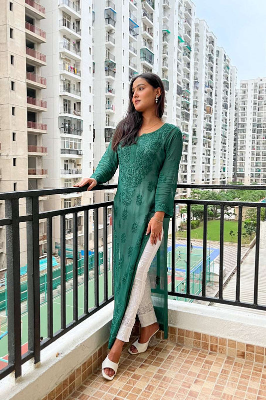 Products Faiza Viscose Chikankari Straight Long Kurta(Bottle Green)