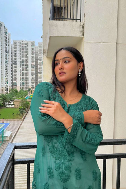 Products Faiza Viscose Chikankari Straight Long Kurta(Bottle Green)