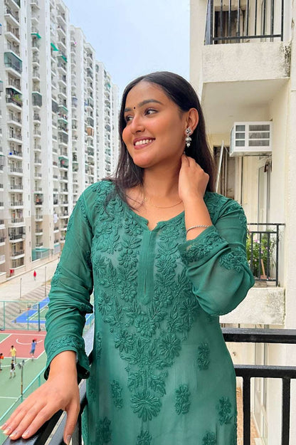 Products Faiza Viscose Chikankari Straight Long Kurta(Bottle Green)